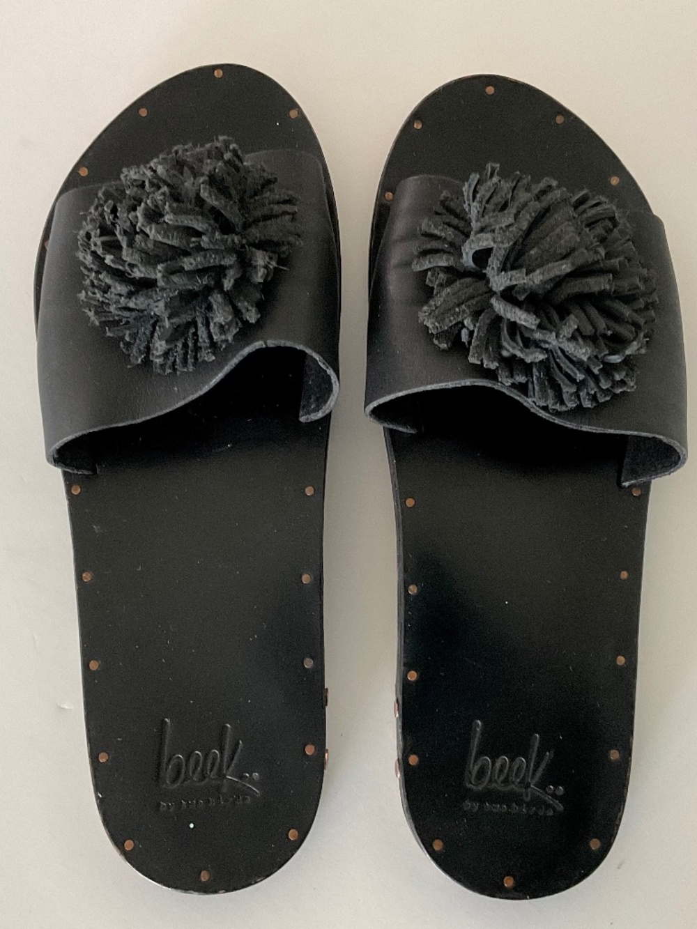 BEEK Flat Leather Fringe Ornament Slide Sandals Black Size 7